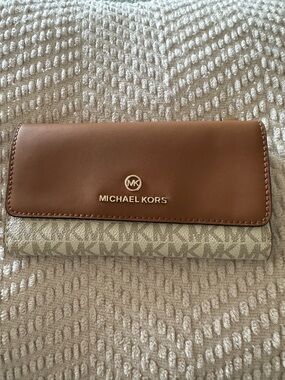 Michael Kors Brown Leather and Beige Logo Continental Wallet